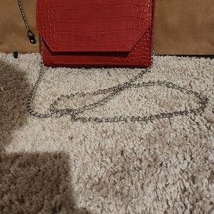 Red Croc-Embossed Chain Bag With Matching Belt